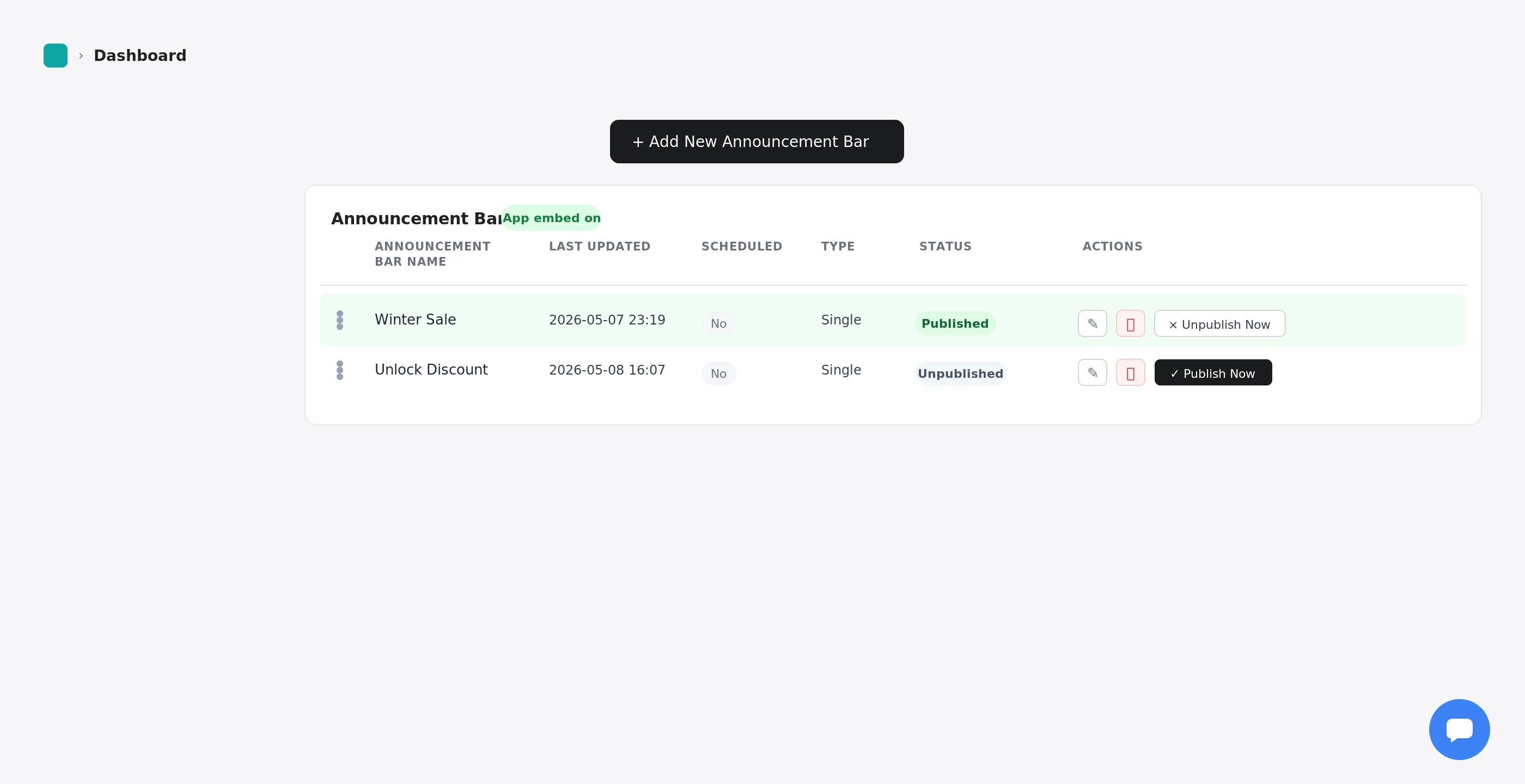 Flexibar admin dashboard with a published Winter Sale bar and an unpublished Unlock Discount bar
