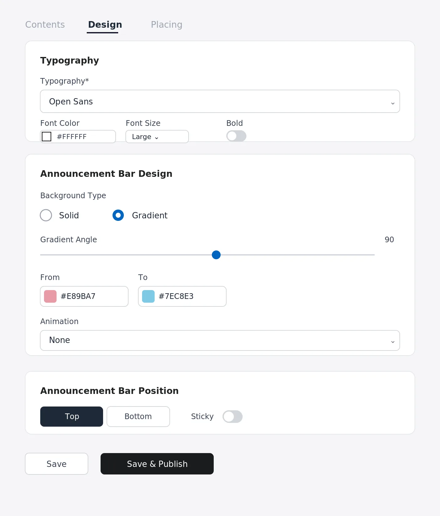 Design tab with Typography, Gradient background, and Position controls