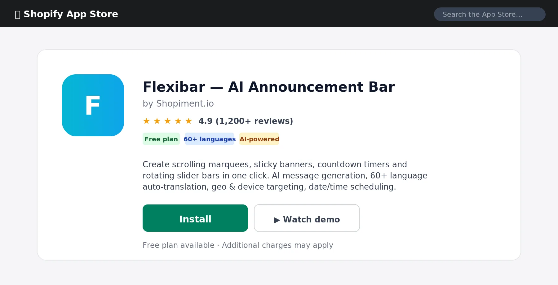 Flexibar listing on the Shopify App Store with the green Install button