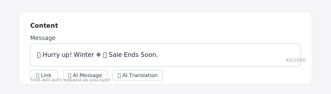 Message editor with Link, AI Message, and AI Translation buttons