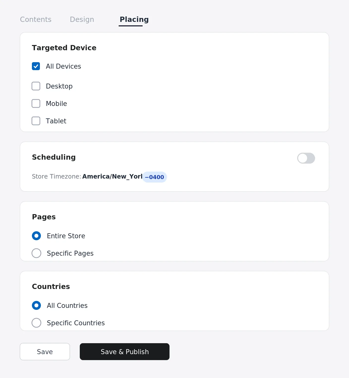Placing tab with Device, Pages, and Countries targeting panels