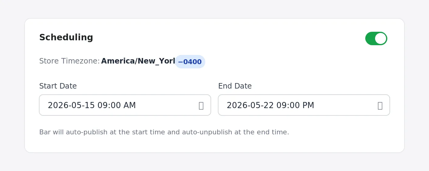 Scheduling card in the Placing tab with start/end date-time fields and timezone badge