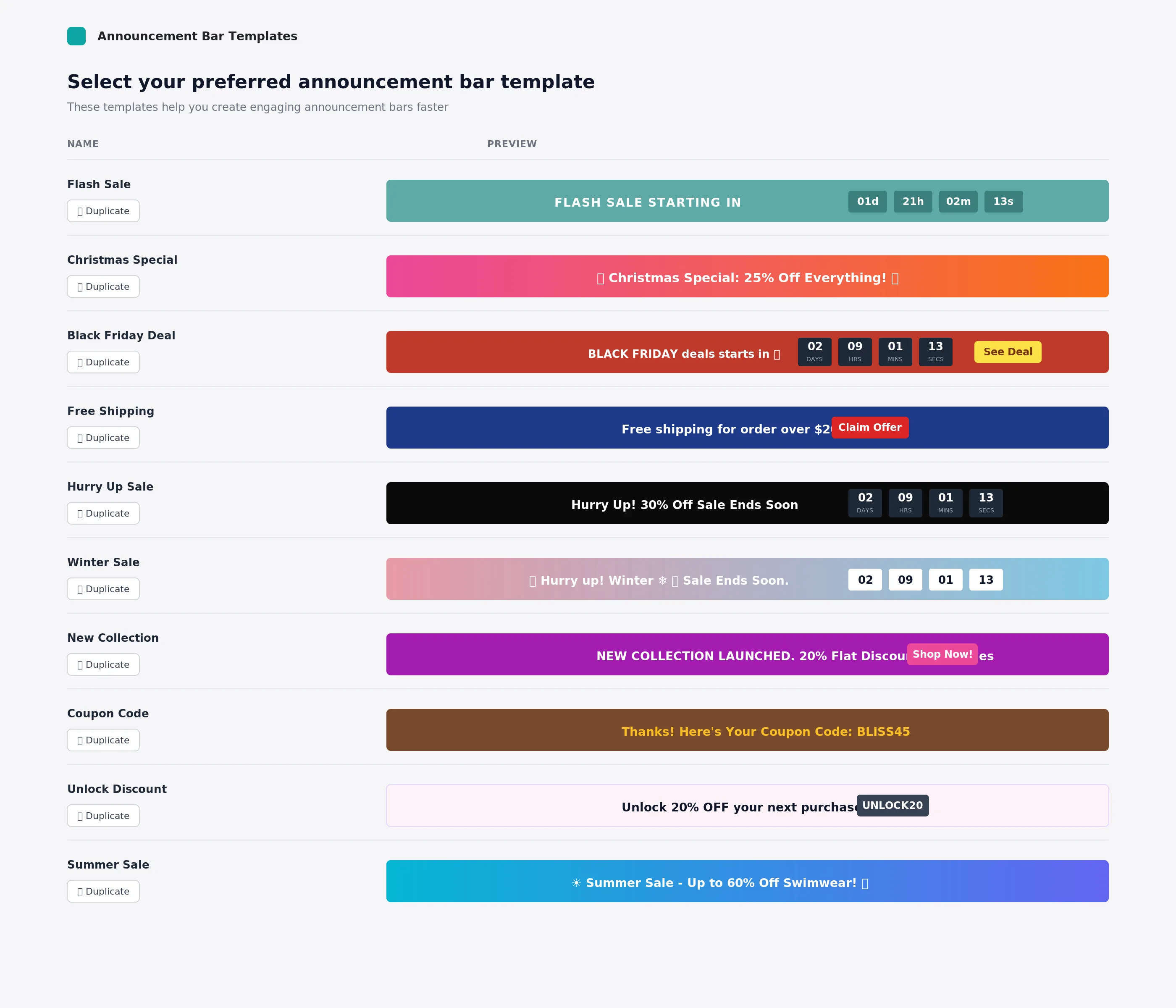 Template Bars page in Flexibar showing 10 pre-built announcement bar templates